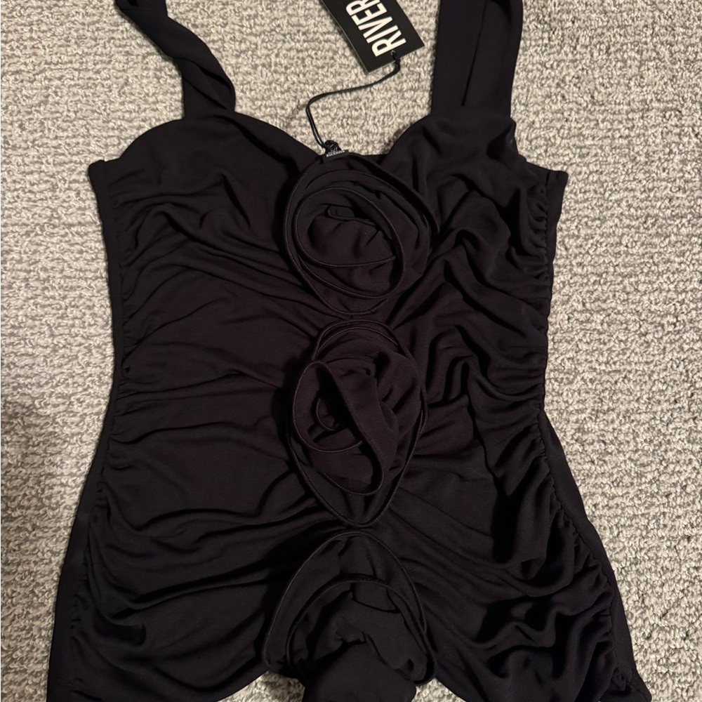 River Island Black Ruched Tank Top with rosettes